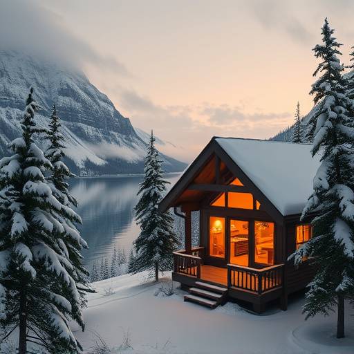 Cozy cabin near Lake Louise with snow-covered trees.