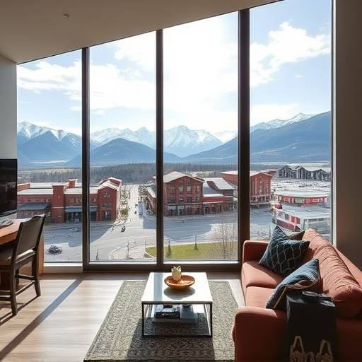 Modern condo in Banff town center with mountain views.