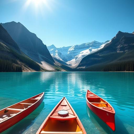 Moraine Lake with canoes and surrounding mountain range